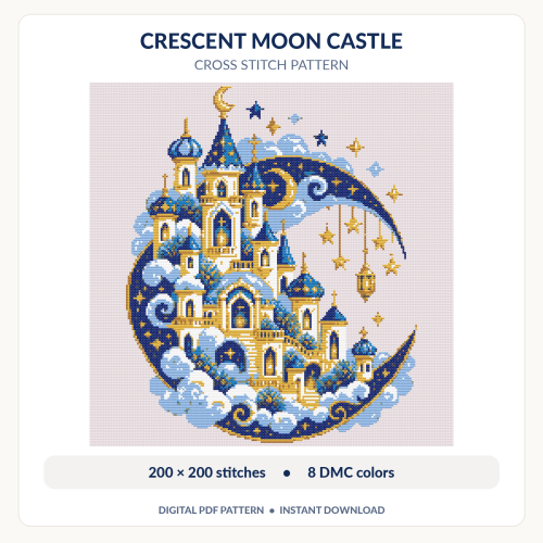 Crescent Moon Castle Cross Stitch Pattern PDF – Fantasy Embroidery Offer