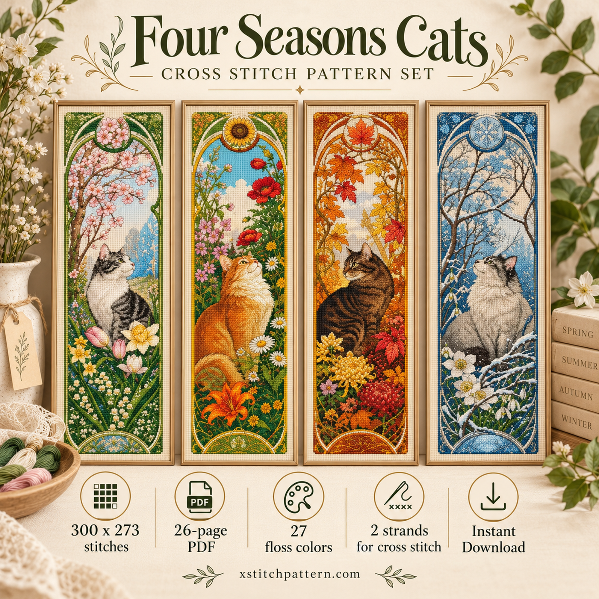 Four Seasons Cats Cross Stitch Pattern Set