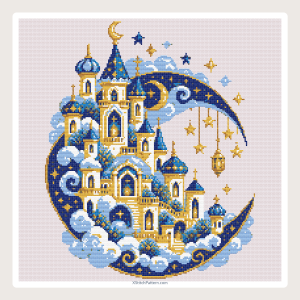 02-crescent-moon-castle-design-preview Full design preview of a blue and gold fairytale castle inside a crescent moon cross stitch pattern