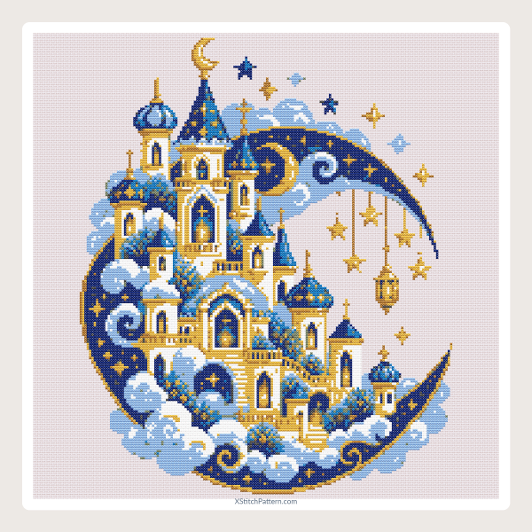 02-crescent-moon-castle-design-preview Full design preview of a blue and gold fairytale castle inside a crescent moon cross stitch pattern