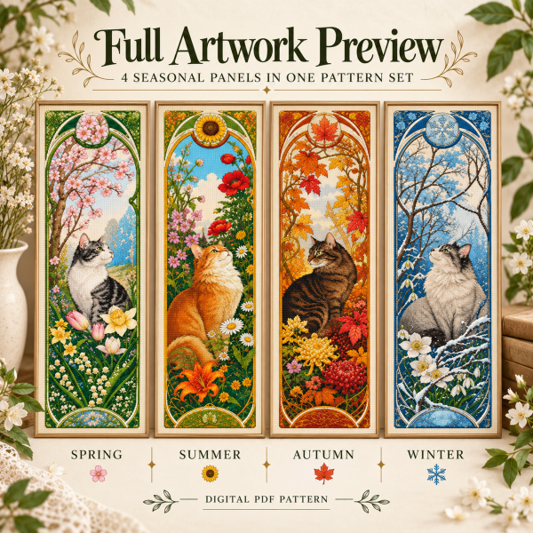 02-four-seasons-cats-artwork-showcase Four Seasons Cats Cross Stitch Pattern Set