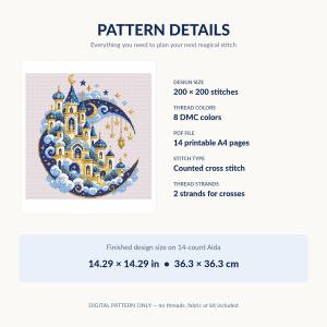 03-crescent-moon-castle-pattern-details Crescent Moon Castle PDF cross stitch pattern details: 200 by 200 stitches, eight DMC colors and 14 pages