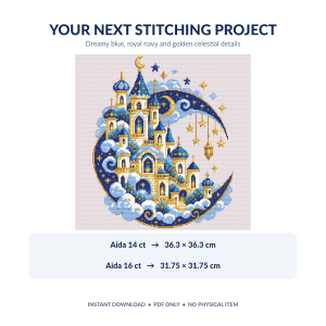 05-crescent-moon-castle-fabric-size-guide Crescent Moon Castle cross stitch PDF fabric size guide for Aida 14 count and 16 count