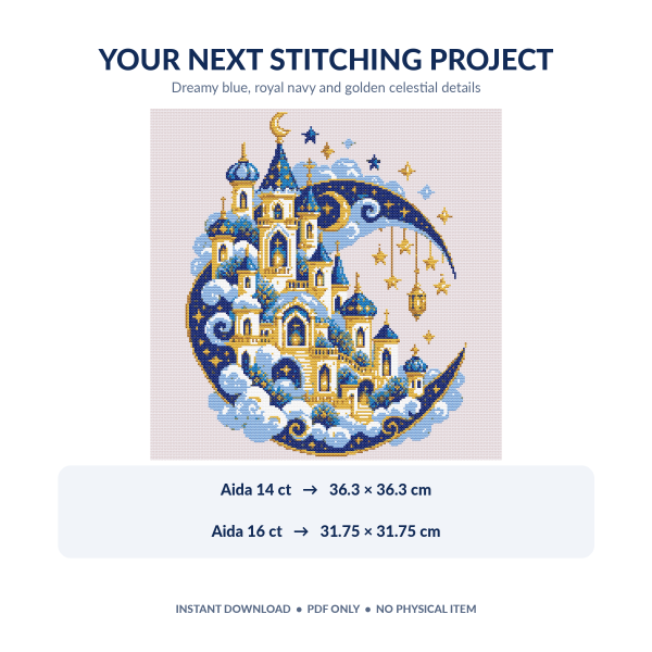 05-crescent-moon-castle-fabric-size-guide Crescent Moon Castle cross stitch PDF fabric size guide for Aida 14 count and 16 count