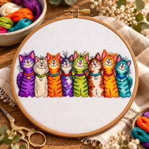Funny Cat Cross Stitch Pattern PDF Colorful cat cross stitch design styled as handmade wall art