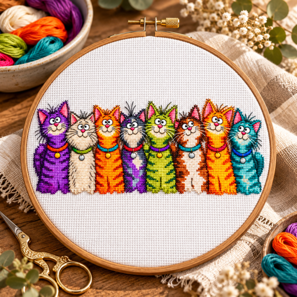 Funny Cat Cross Stitch Pattern PDF Colorful cat cross stitch design styled as handmade wall art