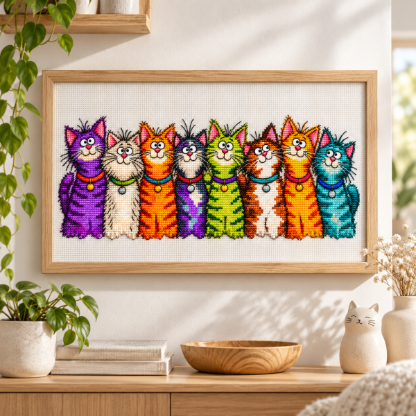 Funny Cat Cross Stitch Pattern PDF Eight colorful cats cross stitch pattern shown in a styled embroidery mockup