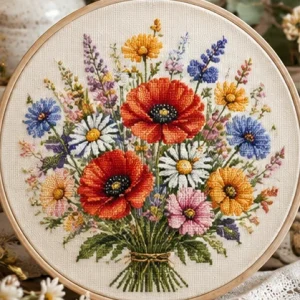 Colorful wild flowers botanical cross stitch embroidery hoop mockup for PDF pattern