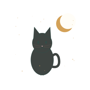 Original Curious Black Cat and Crescent Moon illustration for upcoming cross stitch PDF pattern; design artwork not a stitched sample
