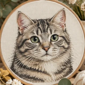 Personalized cat portrait cross stitch embroidered hoop mockup from a pet photo