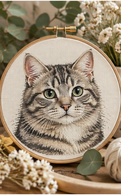 Personalized cat portrait cross stitch embroidered hoop mockup from a pet photo