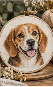 Custom dog portrait cross stitch pattern embroidered hoop example made from a pet photo