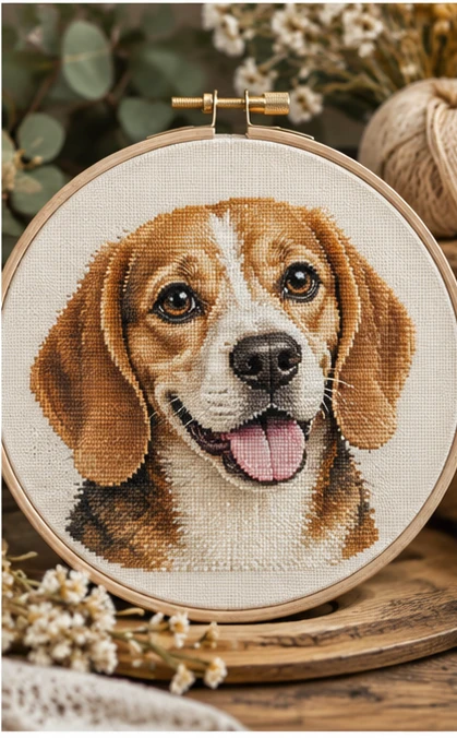 Custom dog portrait cross stitch pattern embroidered hoop example made from a pet photo