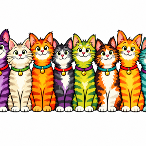 Funny Cat Cross Stitch Pattern PDF Original illustration of eight colorful cats arranged in a cheerful row