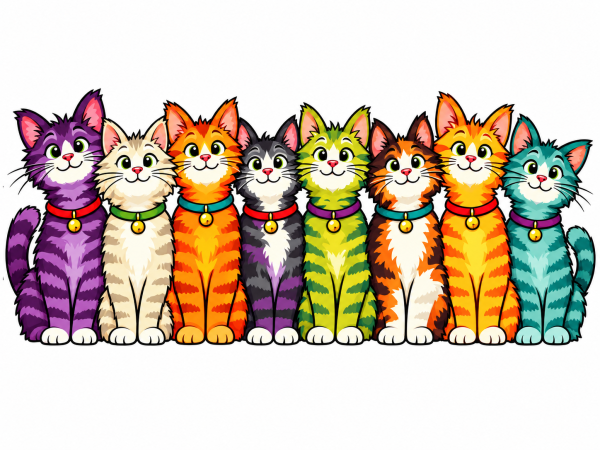 Funny Cat Cross Stitch Pattern PDF Original illustration of eight colorful cats arranged in a cheerful row