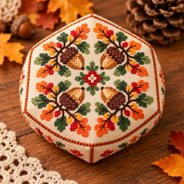 Autumn oak leaves and acorns cross stitch PDF chart cover with original four-acorn design Autumn oak leaves and acorns cross stitch PDF chart cover with original four-acorn design