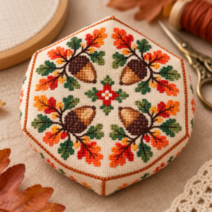 Autumn oak leaves and acorns cross stitch PDF chart cover with original four-acorn design Autumn oak leaves and acorns cross stitch PDF chart cover with original four-acorn design