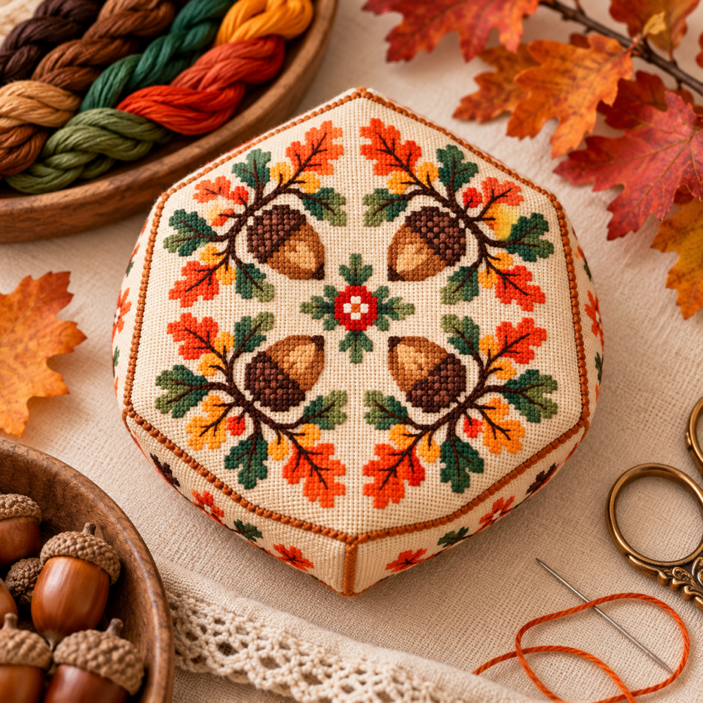 Autumn Acorn Cross Stitch Pattern: Fabric Size, Colors & Project Planning Modern Cross Stitch Patterns & PDF Charts | XStitchPattern Autumn oak leaves and acorns cross stitch PDF chart cover with original four-acorn design