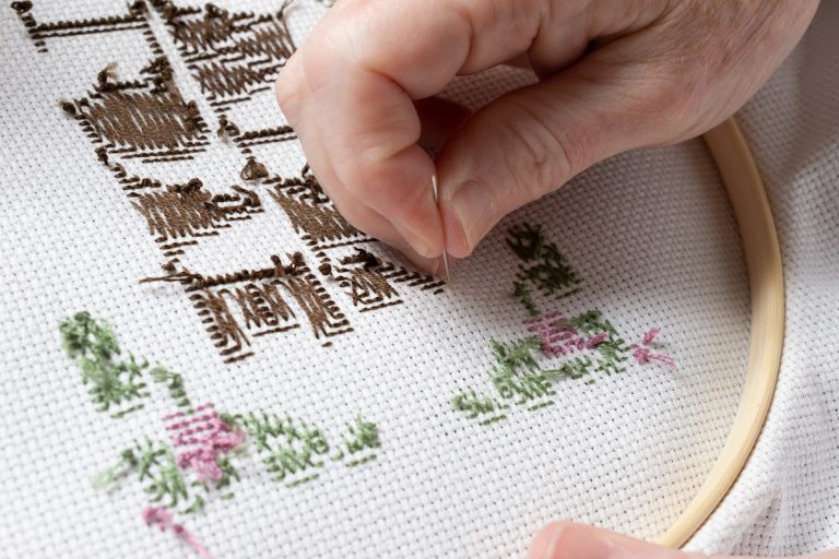 How Many Strands of Floss for Cross Stitch? A Practical Coverage Guide Modern Cross Stitch Patterns & PDF Charts | XStitchPattern Hand embroidered floral textile being worked by hand