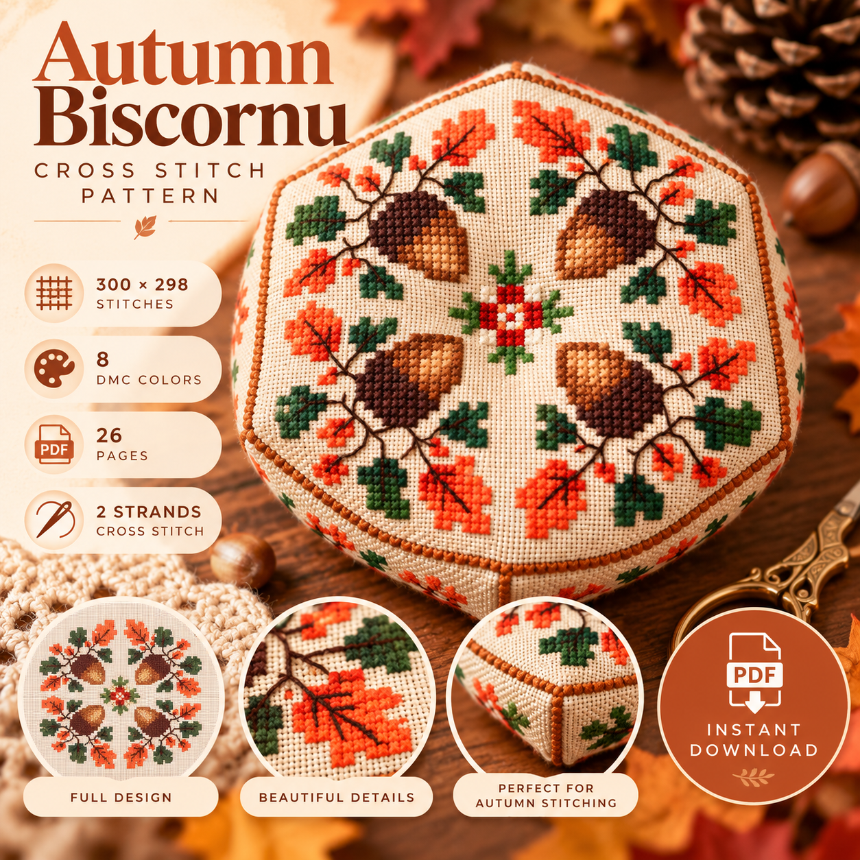 Autumn Oak Leaves & Acorns Cross Stitch Pattern