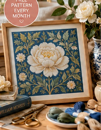 White peony embroidery promotion on deep blue fabric