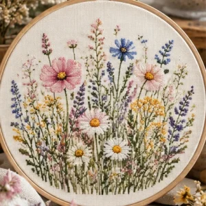 Wildflower Meadow Cross Stitch Pattern Mockup Wildflower meadow floral cross stitch design displayed in embroidery hoop, digital PDF pattern mockup