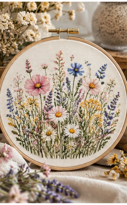 Wildflower meadow floral cross stitch design displayed in embroidery hoop, digital PDF pattern mockup