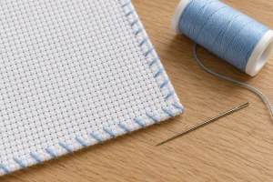 White Aida with pale blue overcast edge stitches beside sewing thread and a needle