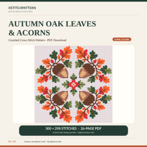 autumn-acorn-cross-stitch-01-cover Autumn oak leaves and acorns cross stitch PDF chart cover with original four-acorn design