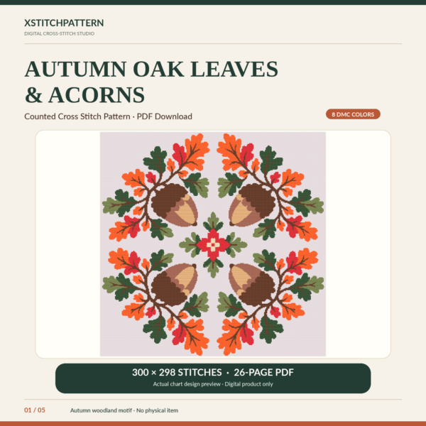 autumn-acorn-cross-stitch-01-cover Autumn oak leaves and acorns cross stitch PDF chart cover with original four-acorn design