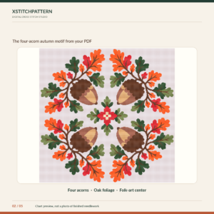 autumn-acorn-cross-stitch-02-artwork Autumn oak leaves and acorns cross stitch PDF chart cover with original four-acorn design