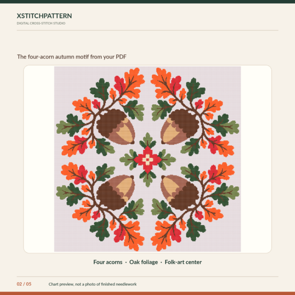 autumn-acorn-cross-stitch-02-artwork Autumn oak leaves and acorns cross stitch PDF chart cover with original four-acorn design