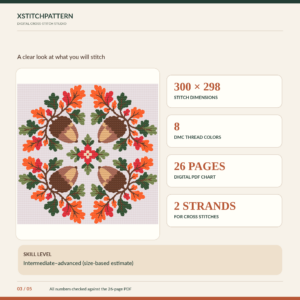 autumn-acorn-cross-stitch-03-specifications Autumn oak leaves and acorns cross stitch PDF chart cover with original four-acorn design