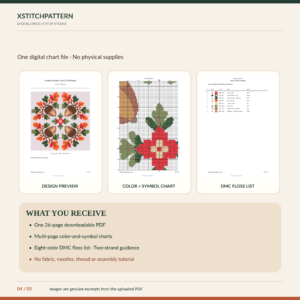 autumn-acorn-cross-stitch-04-whats-included Autumn oak leaves and acorns cross stitch PDF chart cover with original four-acorn design