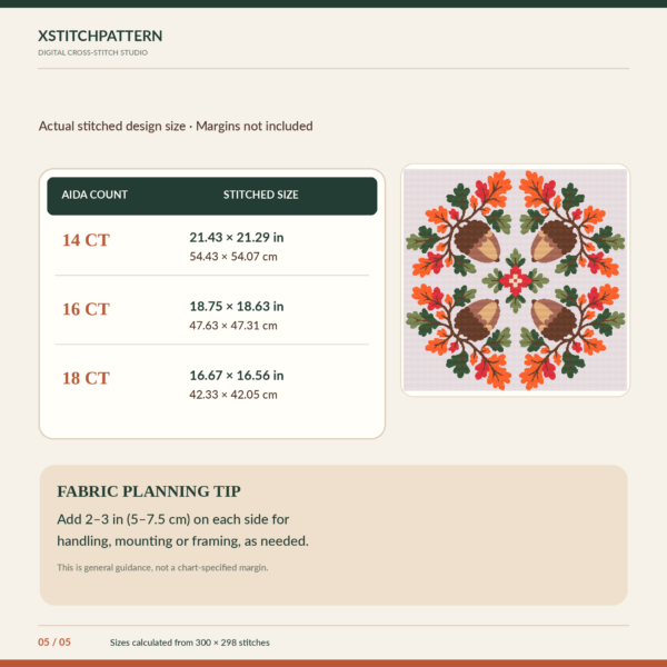 autumn-acorn-cross-stitch-05-aida-size-guide Autumn oak leaves and acorns cross stitch PDF chart cover with original four-acorn design