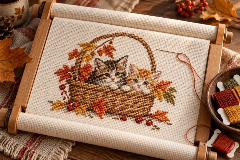 Illustrated kittens in an autumn basket stitched on cream Aida beside orange thread bobbins