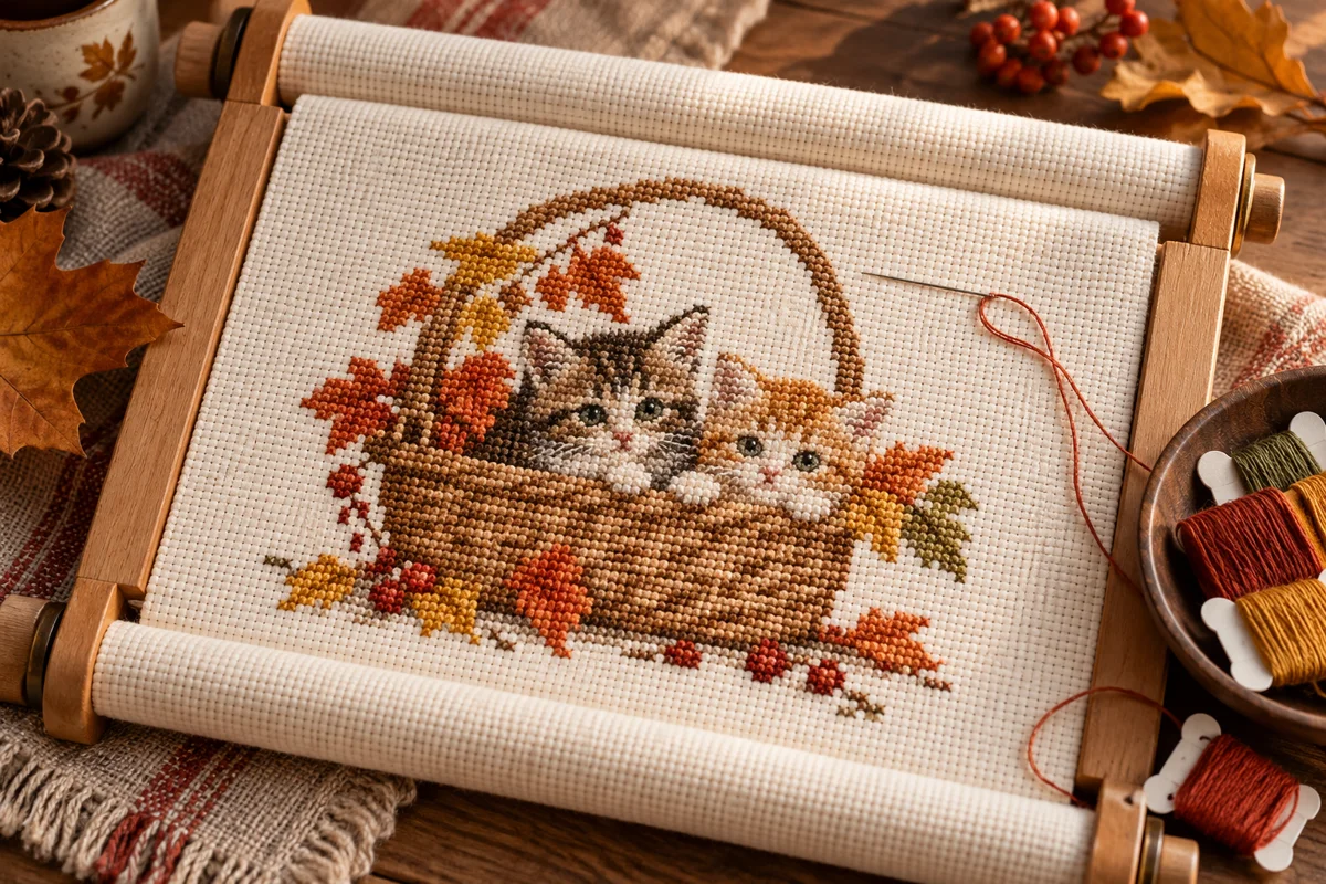 Autumn Cat Cross Stitch Patterns: Plan a Large Kittens Project Modern Cross Stitch Patterns & PDF Charts | XStitchPattern Illustrated kittens in an autumn basket stitched on cream Aida beside orange thread bobbins
