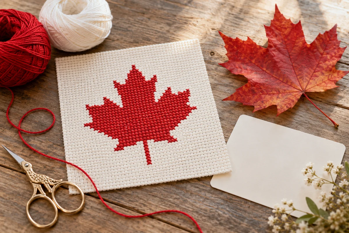 Canada Day Cross Stitch Patterns illustrated with original stitched motifs on Aida cloth