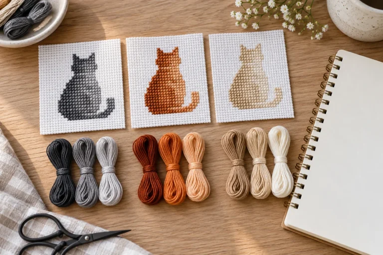 Gray, ginger and cream stitched cat motifs beside coordinated cotton thread palettes