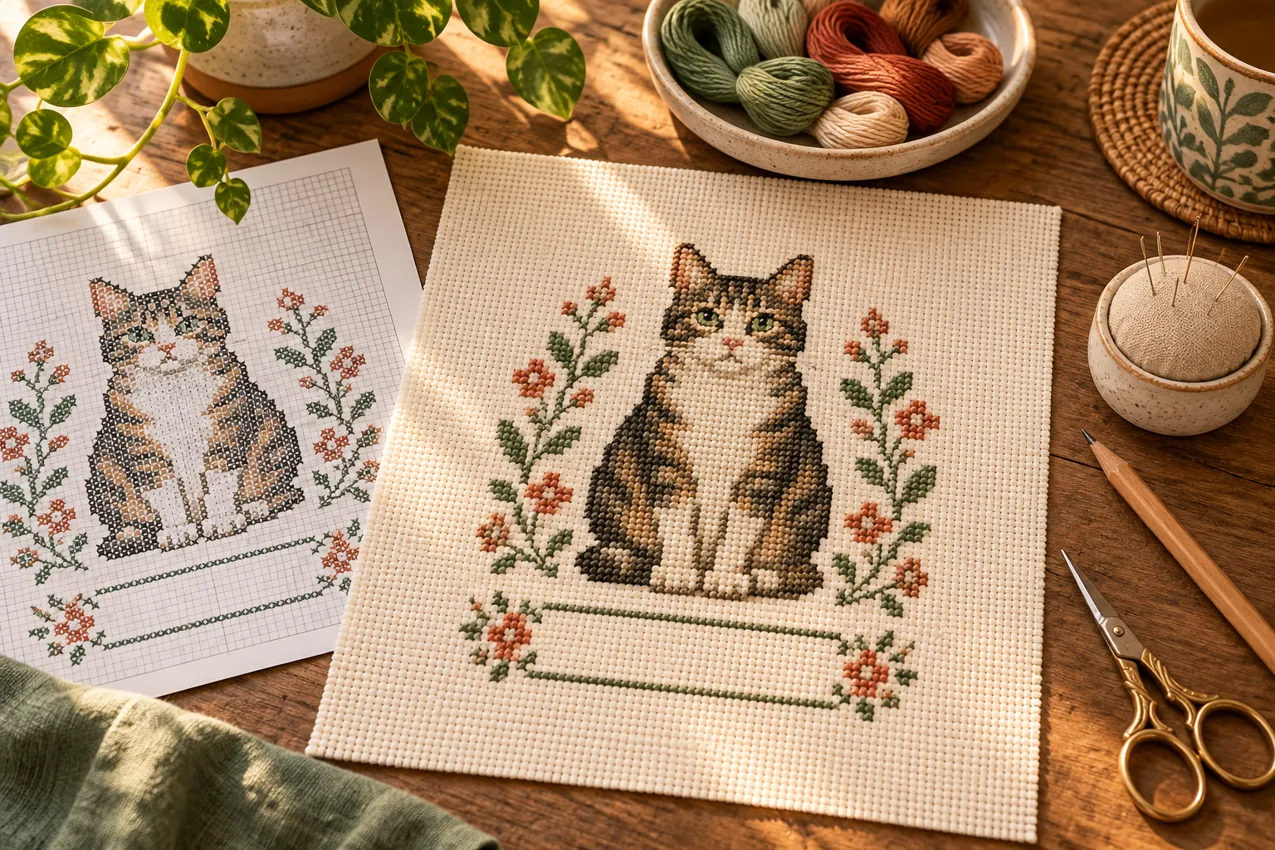Cat Cross Stitch Pattern: Plan a Personalized Name Sampler Modern Cross Stitch Patterns & PDF Charts | XStitchPattern Illustration of a cat sampler layout with space reserved for a name