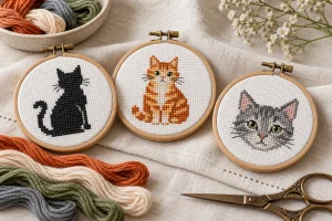 Illustrated cross stitch cat silhouettes, tabby and portrait displayed in three hoops