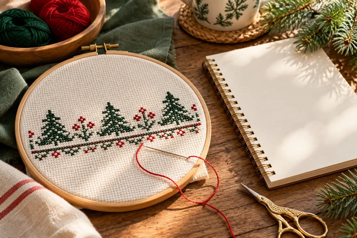 Christmas in July Cross Stitch: Start a Calm Holiday Stitching Plan Modern Cross Stitch Patterns & PDF Charts | XStitchPattern Christmas in July Cross Stitch illustrated with original stitched motifs on Aida cloth