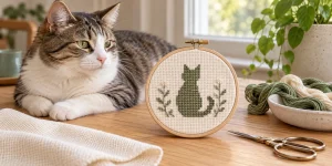 Illustration of a cat beside a hoop showing a stitched cat silhouette
