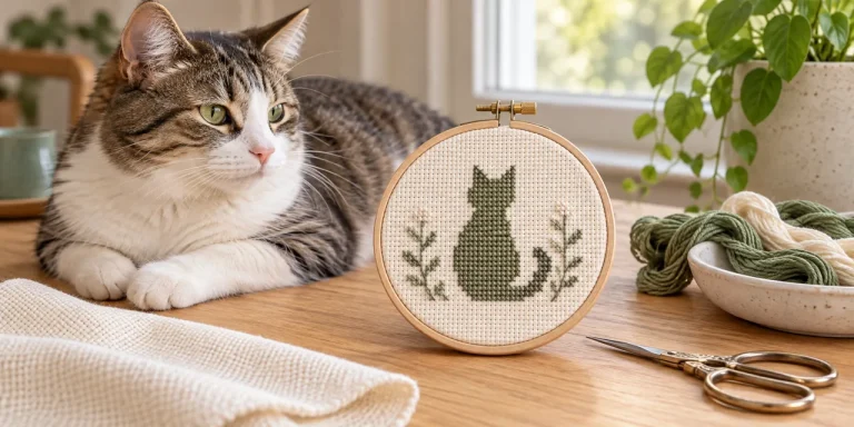 Illustration of a cat beside a hoop showing a stitched cat silhouette