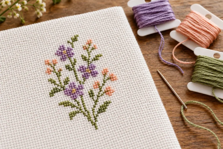 Close view of scattered purple and peach cross stitches forming a small wildflower sprig on white Aida
