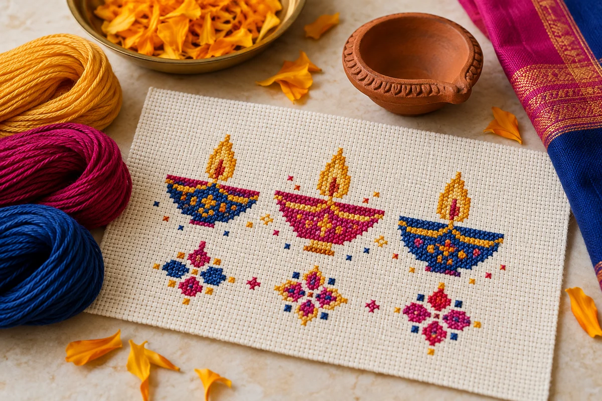 Diwali Cross Stitch Patterns illustrated with original stitched motifs on Aida cloth