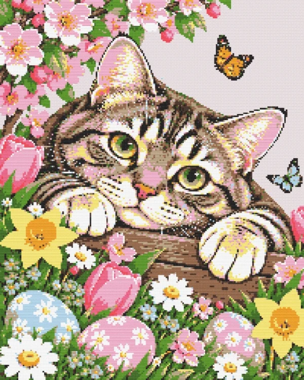 easter-cat-actual-pdf-preview Actual PDF design preview of a tabby kitten with spring flowers, two butterflies and three Easter eggs
