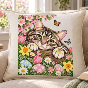 easter-cat-cushion-mockup Illustrative cushion mockup featuring the Easter cat cross stitch panel