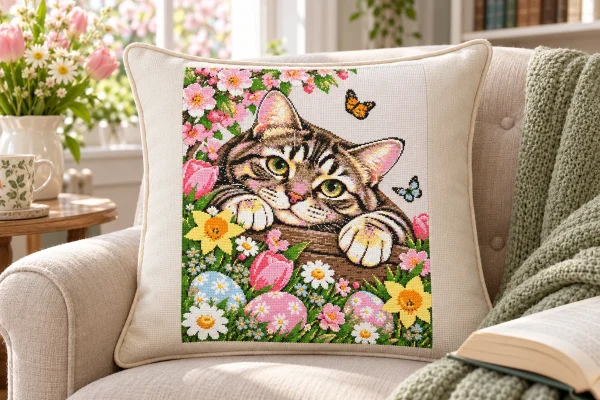 easter-cat-cushion-mockup Illustrative cushion mockup featuring the Easter cat cross stitch panel