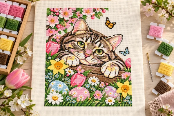 easter-cat-fabric-mockup Illustrative Aida fabric mockup of the tabby kitten with flowers and Easter eggs